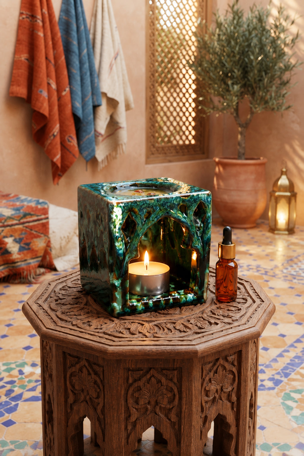 Brûle-parfum carré en céramique vert émeraude et marron, avec finition mouchetée, motifs ajourés en losanges et bougie chauffe-plat allumée à l’intérieur.