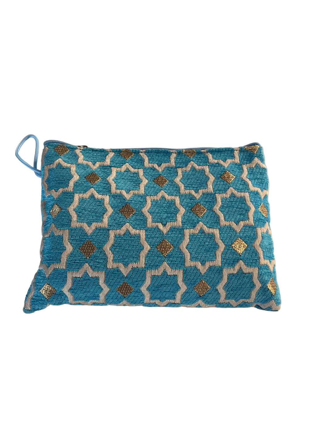 Pochette zippée brodée velours bleu motifs marocains — fait main au Maroc