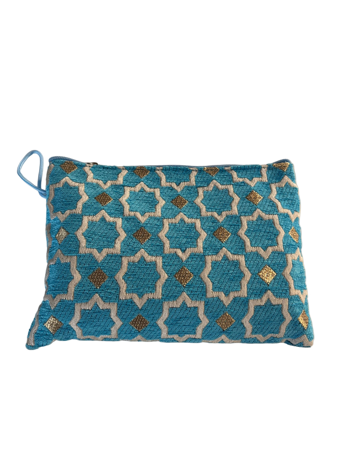 Pochette zippée brodée velours bleu motifs marocains — fait main au Maroc