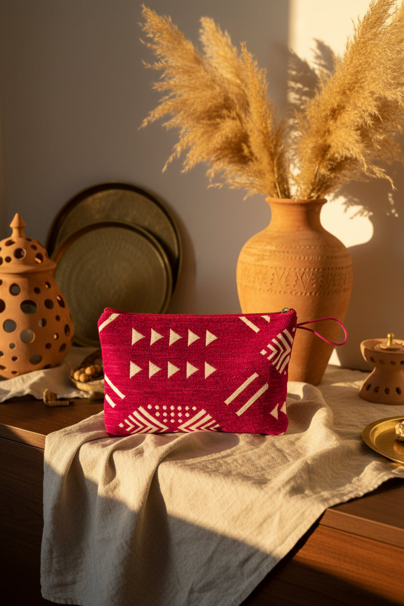 Pochette plate en terracotta et blanc, motifs berbères — artisanat marocain fait main