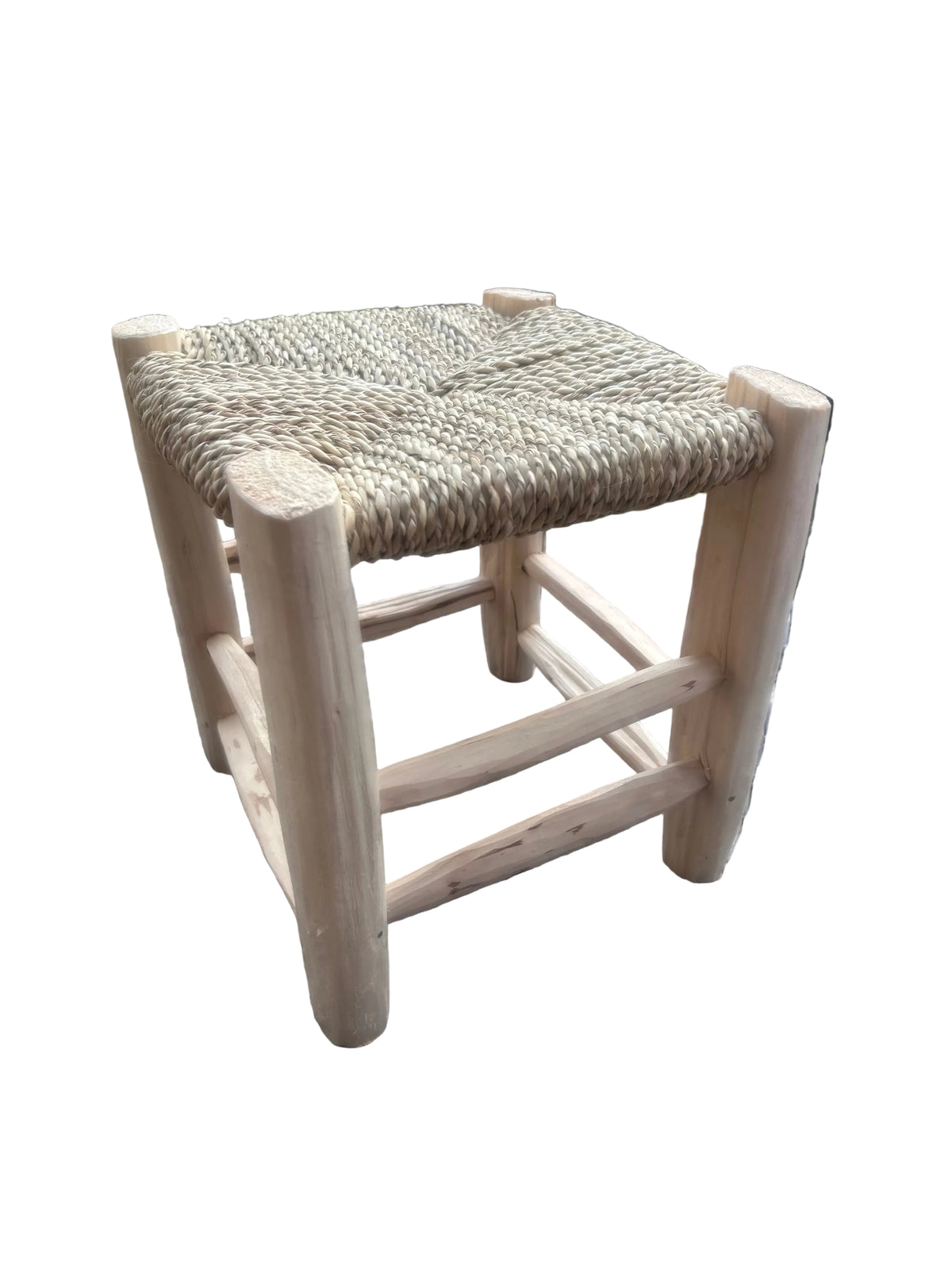 Tabouret en bois d'eucalyptus et cordes — mobilier artisanal marocain fait main