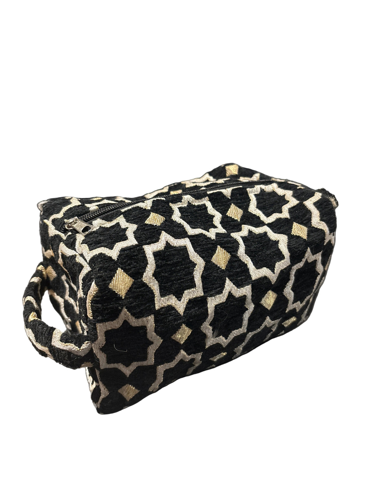 Trousse de toilette en velours noir et doré, motifs zellige — artisanat marocain fait main