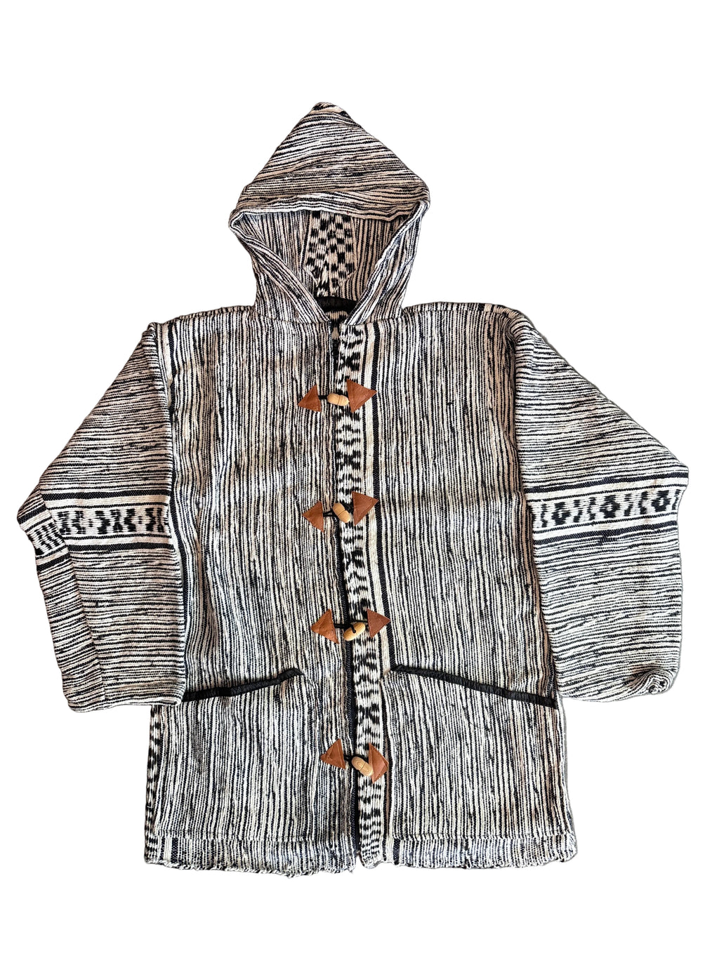 Veste berbère à capuche en laine tissée gris chiné et blanc — pièce unique artisanat marocain