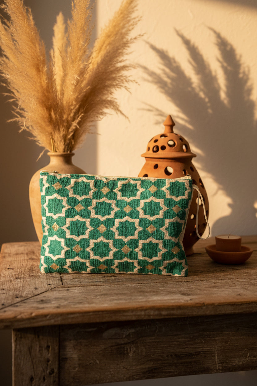 Pochette zippée brodée velours vert émeraude motifs marocains — fait main au Maroc