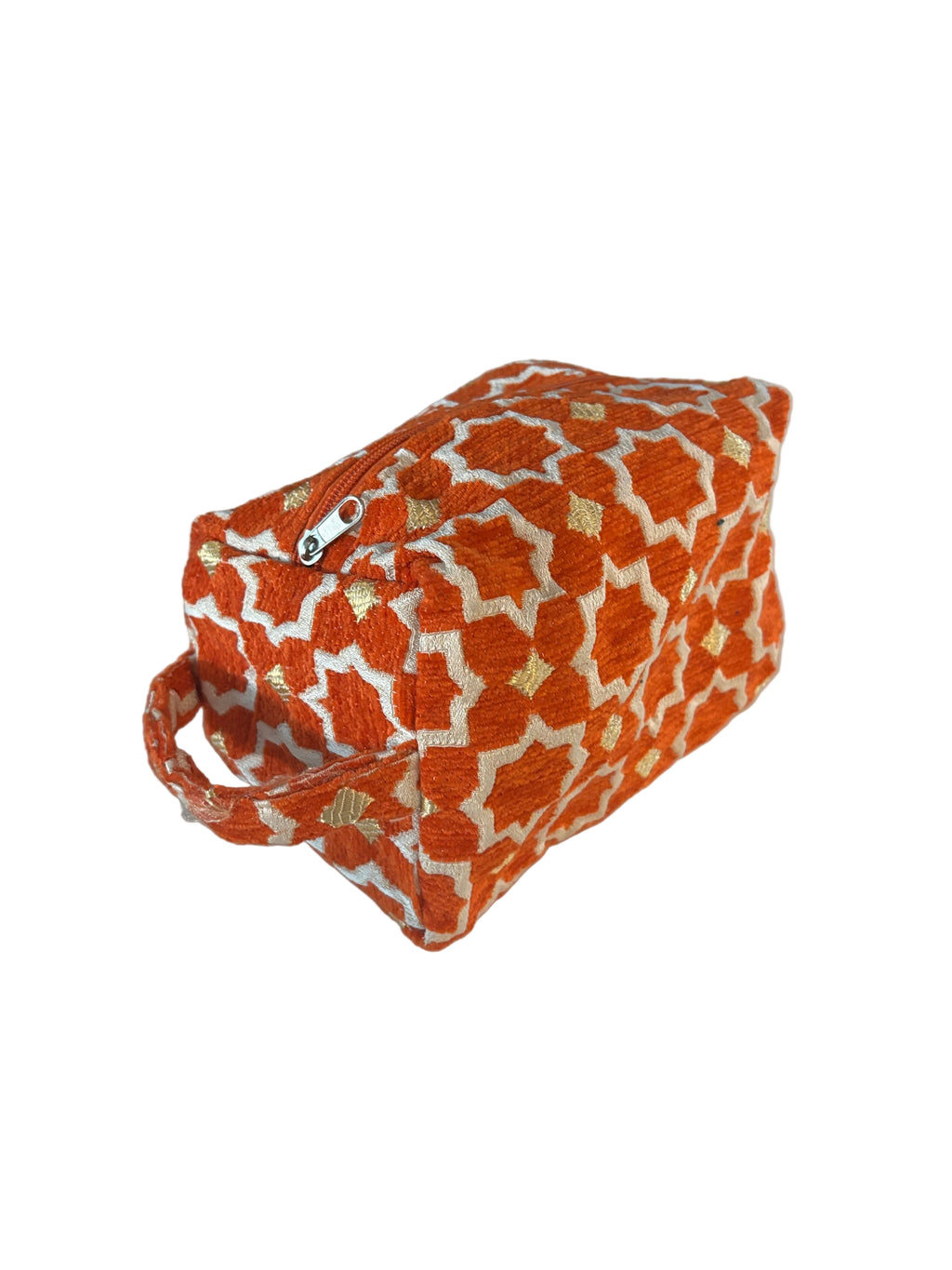 Trousse de toilette en velours orange et doré, motifs zellige — artisanat marocain fait main