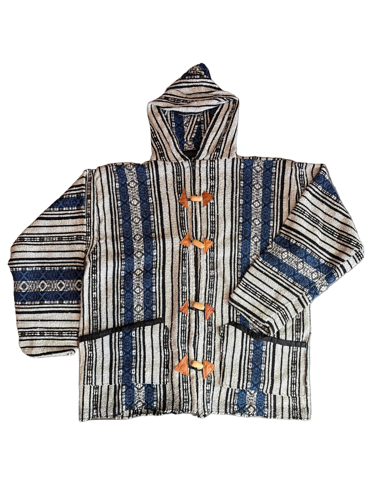 Veste berbère à capuche tissée main, coloris bleu indigo, gris et noir, boutons cuir