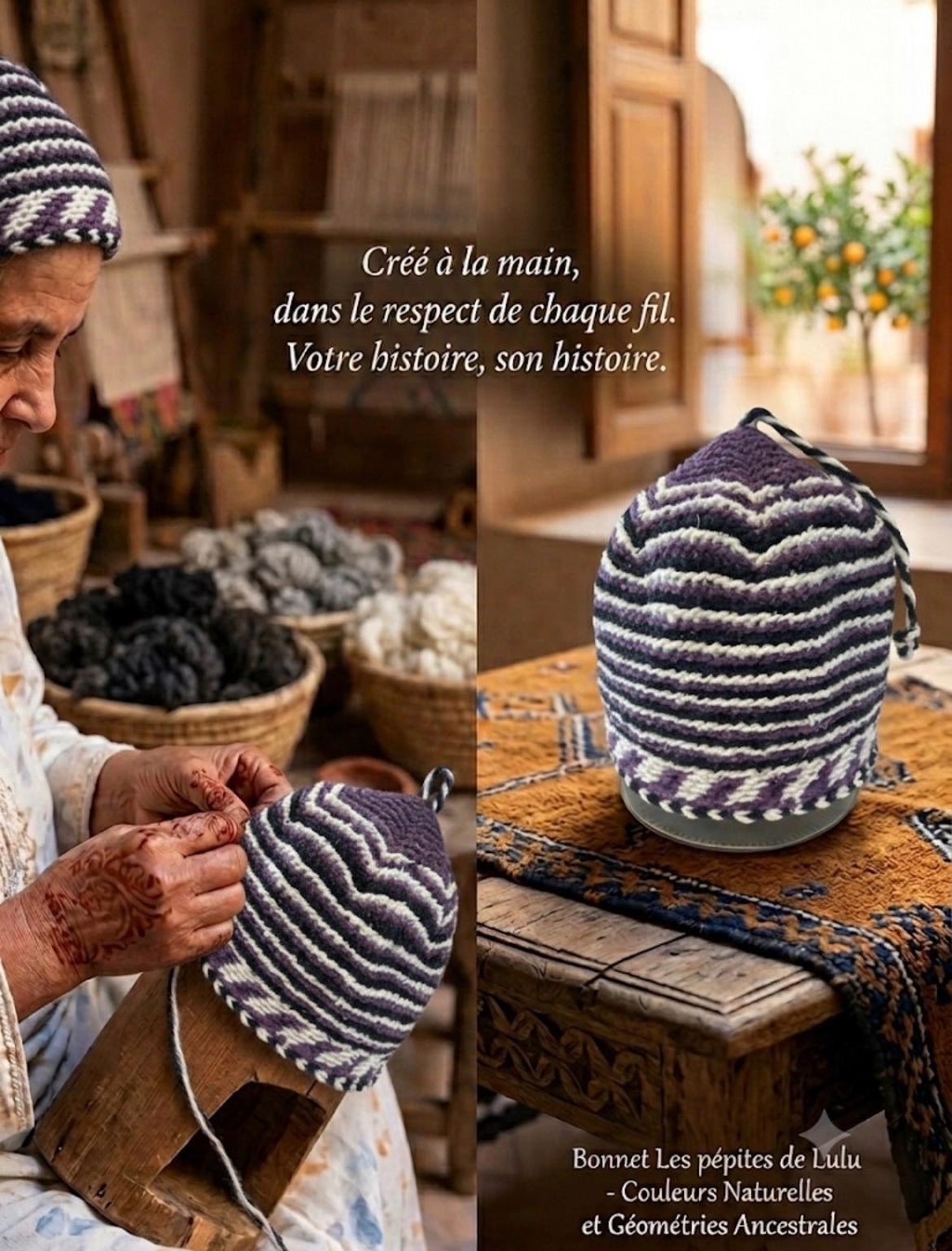 Bonnet tricoté artisanal en laine mauve et blanc — fait main au Maroc