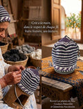 Bonnet tricoté artisanal en laine mauve et blanc — fait main au Maroc