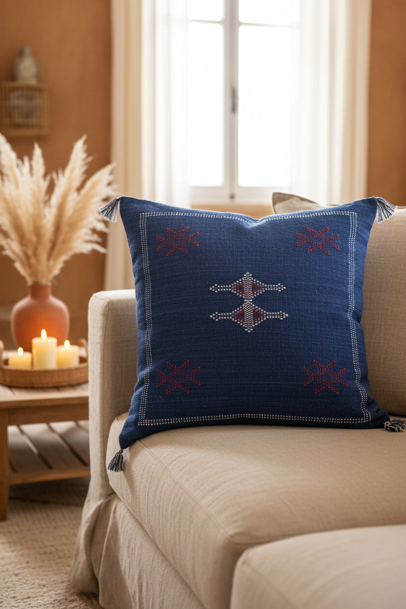 Housse de coussin Sabra bleu et broderies blanc et rouge — soie de cactus fait main Maroc