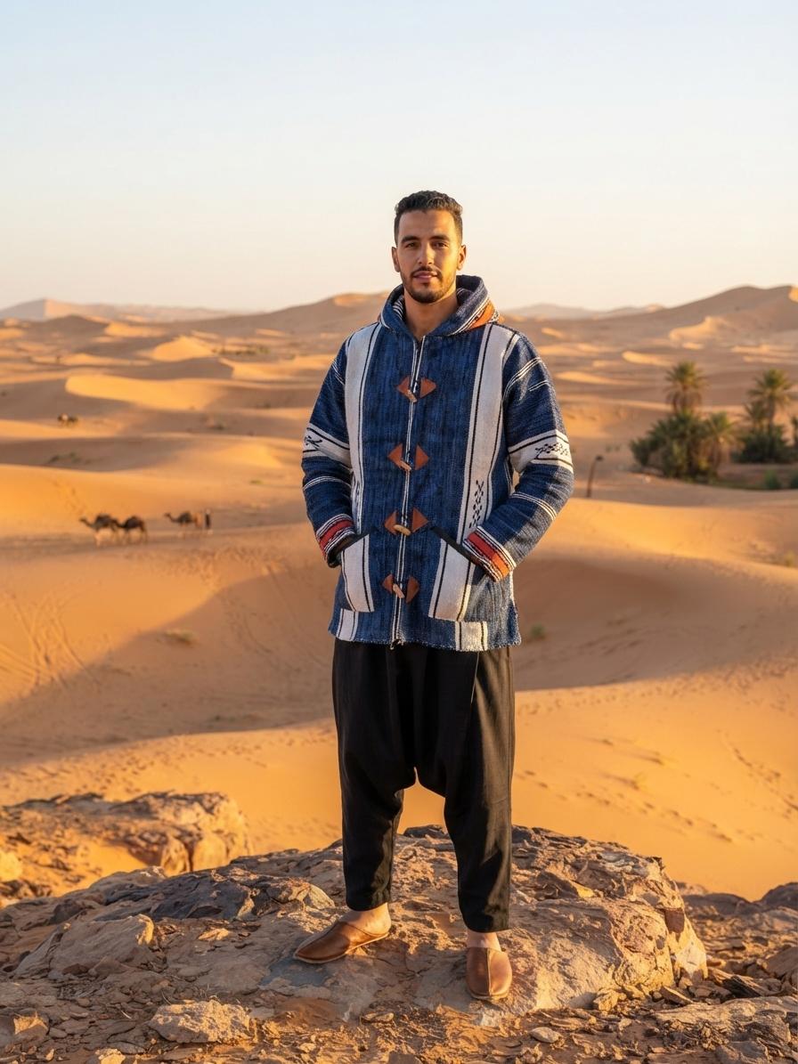Veste berbère à capuche en laine tissée indigo et blanc — pièce unique artisanat marocain