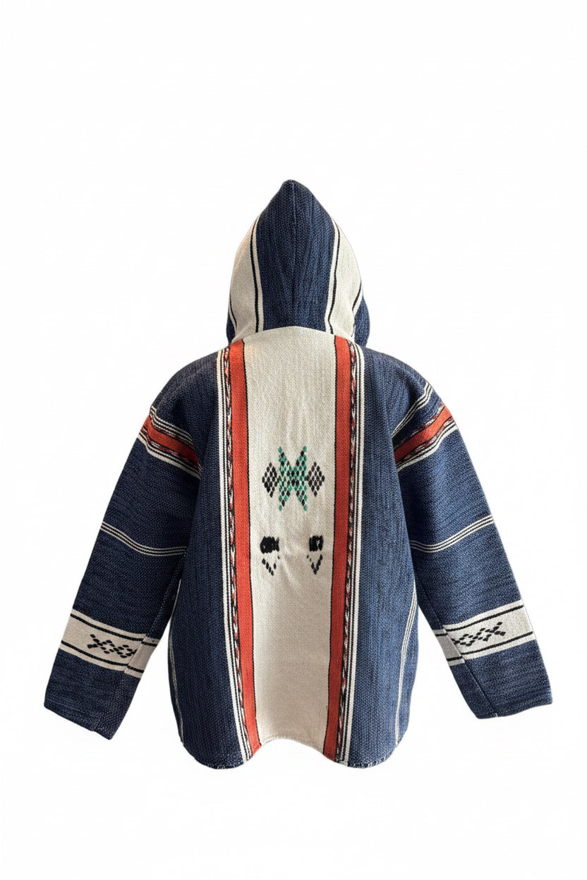 Veste berbère à capuche en laine tissée indigo et blanc — pièce unique artisanat marocain