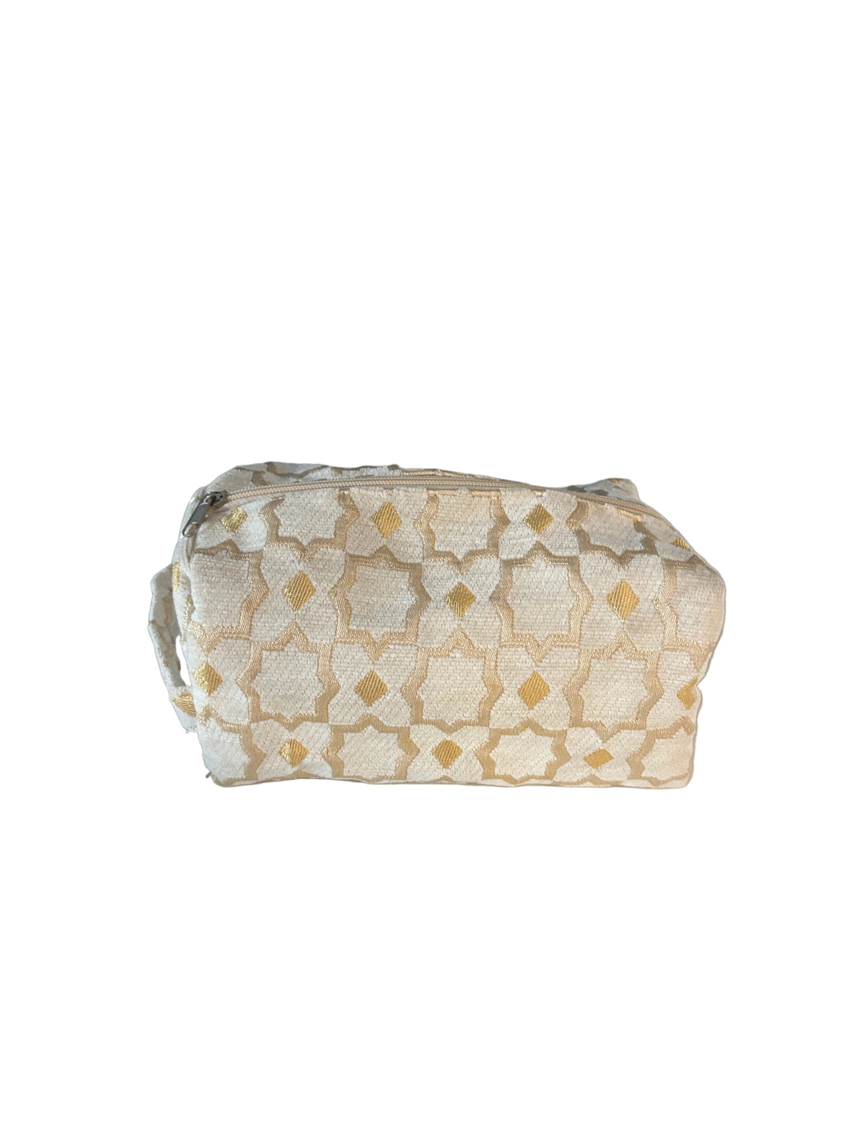 Trousse de toilette en velours blanc et doré, motifs zellige — artisanat marocain fait main