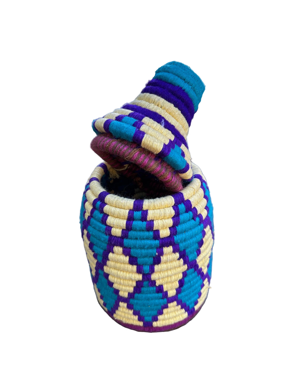 Pot berbère tressé bleu et jaune — décoration artisanale marocaine, fait main au Maroc