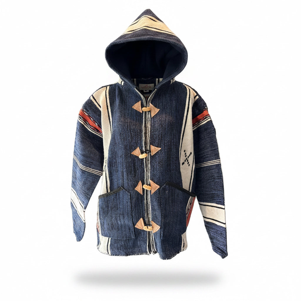 Veste berbère à capuche en laine tissée indigo et blanc — pièce unique artisanat marocain