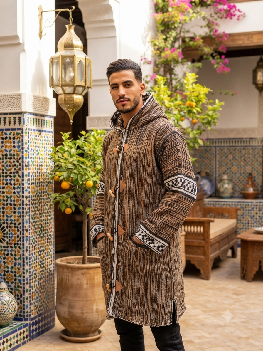 Veste berbère à capuche en laine tissée marron — tissage artisanal marocain
