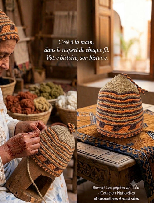 Bonnet tricoté artisanal en laine orange et marron — fait main au Maroc