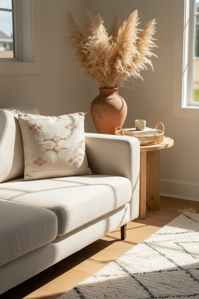 Housse de coussin Sabra broderies géométriques terracotta — soie de cactus fait main Maroc