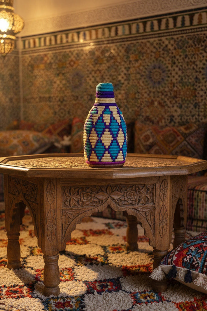 Pot berbère tressé bleu et jaune — décoration artisanale marocaine, fait main au Maroc