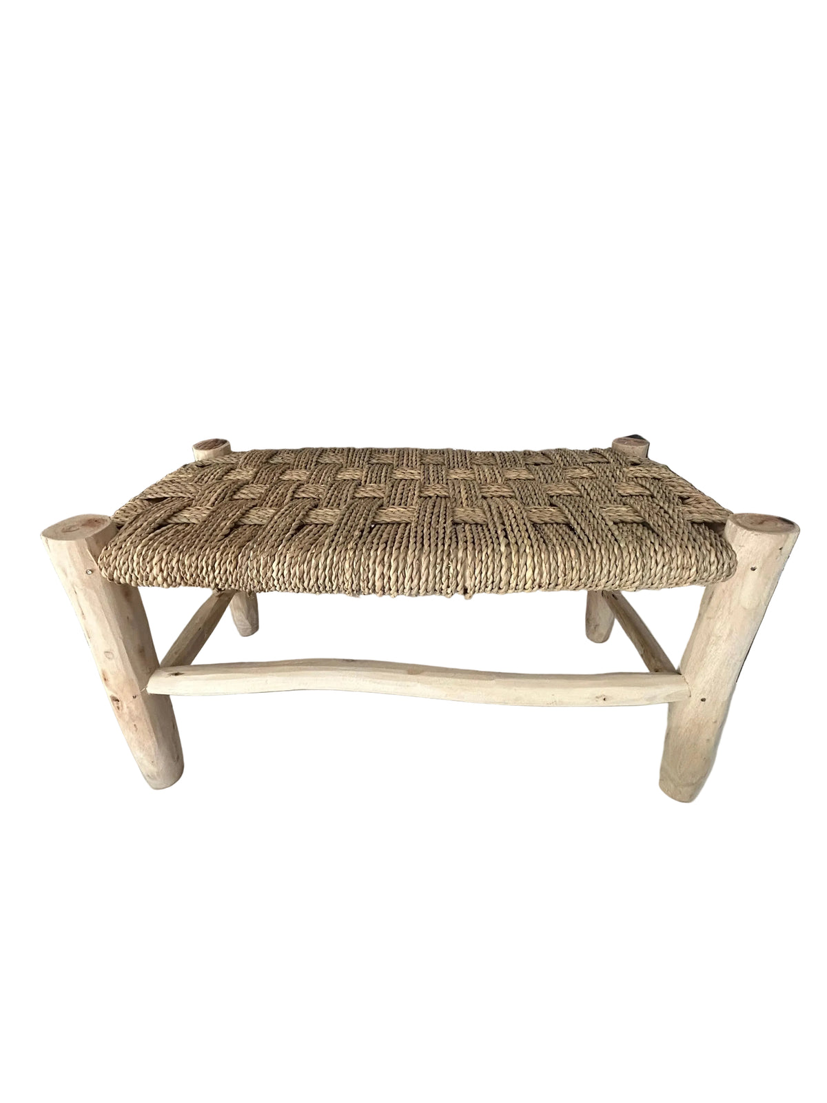 Banc en bois d'eucalyptus et doum tressé — mobilier artisanal marocain, fait main au Maroc