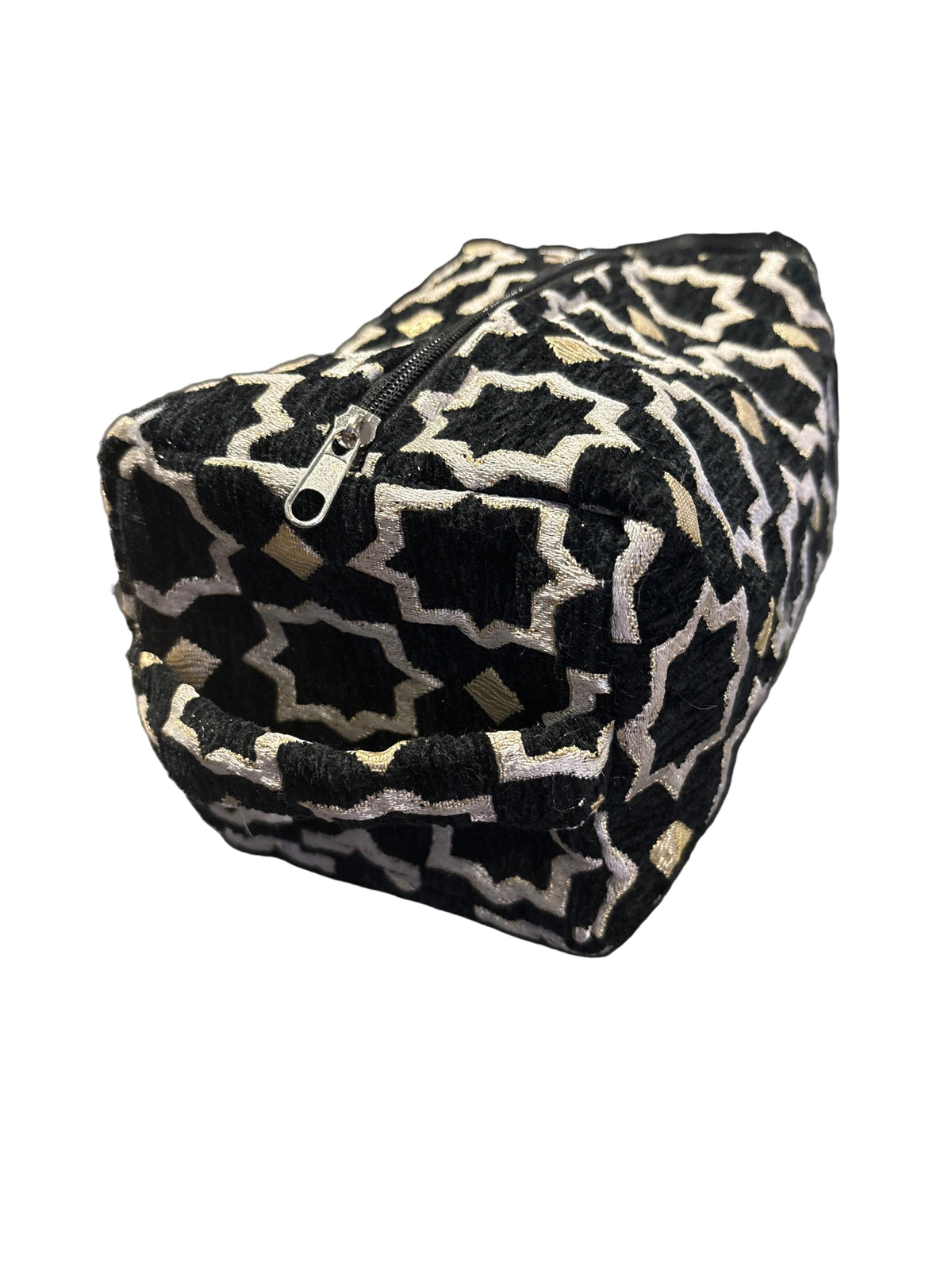 Trousse de toilette en velours noir et doré, motifs zellige — artisanat marocain fait main