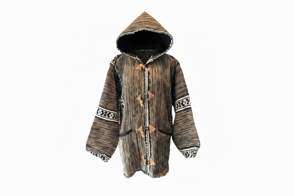 Veste berbère à capuche en laine tissée marron — tissage artisanal marocain