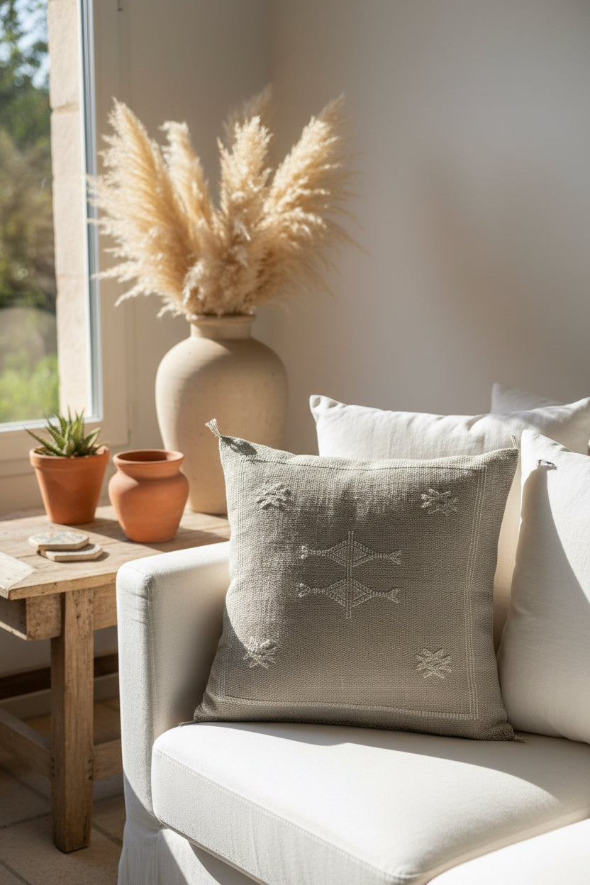 Housse de coussin Sabra gris lin et broderies blanc cassé — soie de cactus fait main Maroc