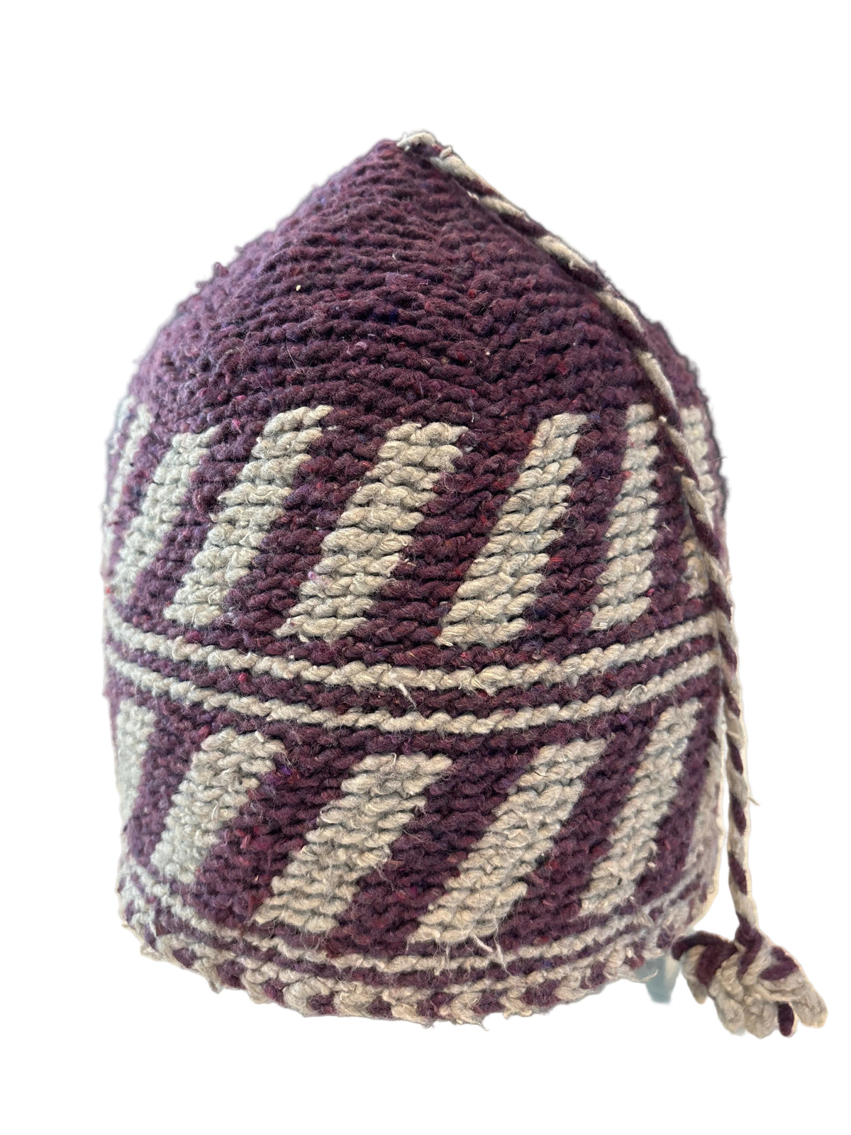 Bonnet tricoté artisanal en laine mauve et blanc — fait main au Maroc