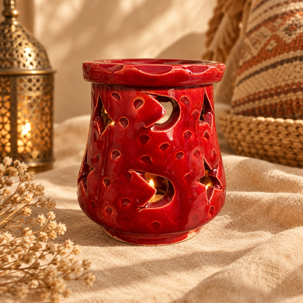 
Brûle-parfum en céramique rouge avec coupelle supérieure et motifs ajourés de lunes et d’étoiles.