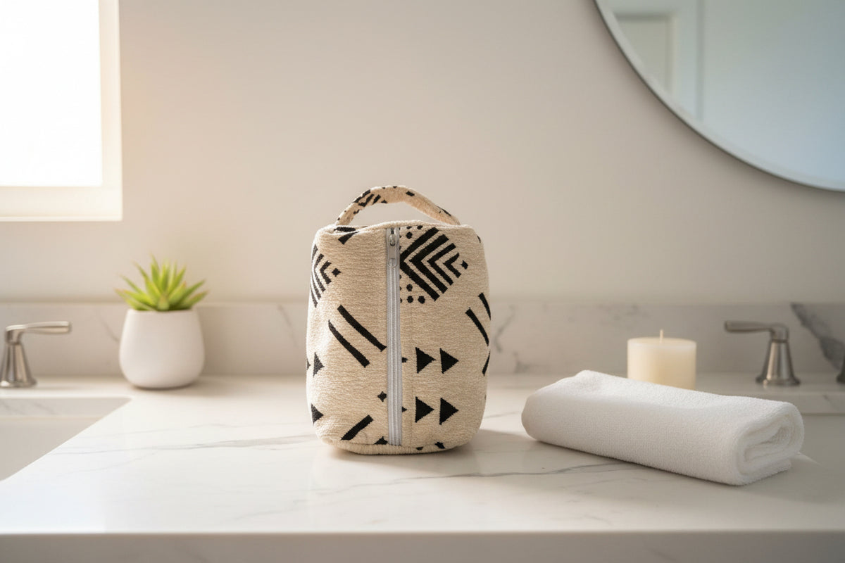 Trousse Velours Crème & Noir — Motifs Berbères