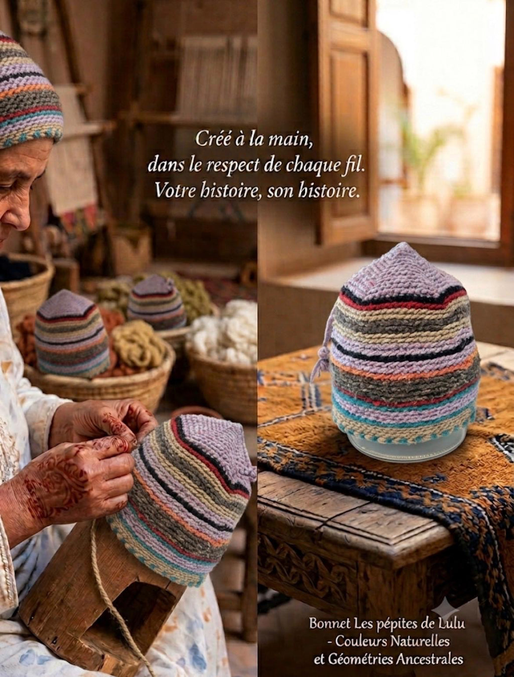 Bonnet tricoté artisanal en laine rayures naturelles et géométriques — fait main au Maroc