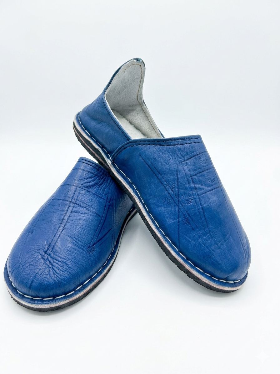 Babouche marocaine en cuir bleu marine — chaussure artisanale fait main au Maroc