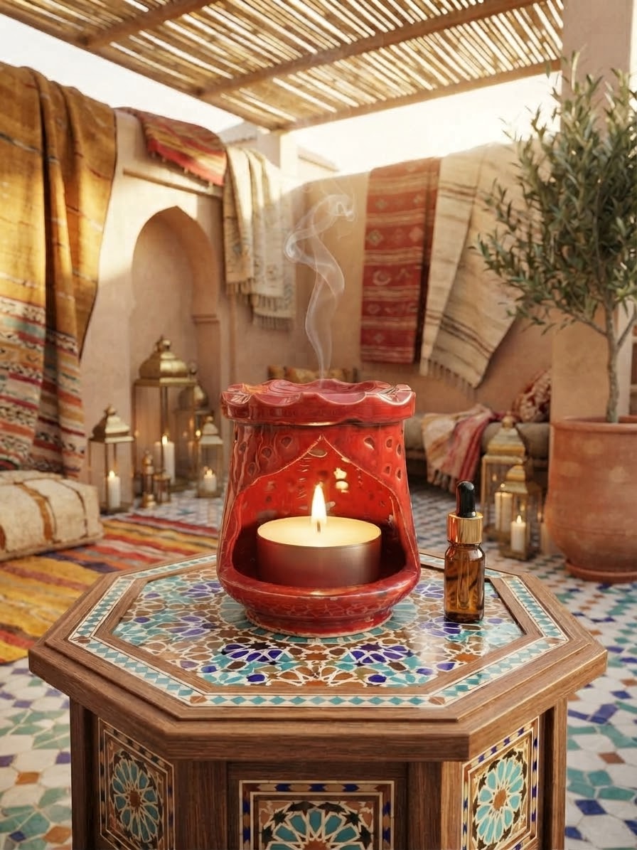 
Brûle-parfum en céramique rouge avec coupelle supérieure et motifs ajourés de lunes et d’étoiles. 