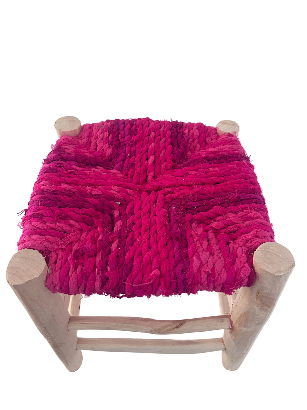 Tabouret en bois d'eucalyptus et boucherouite — mobilier artisanal marocain fait main