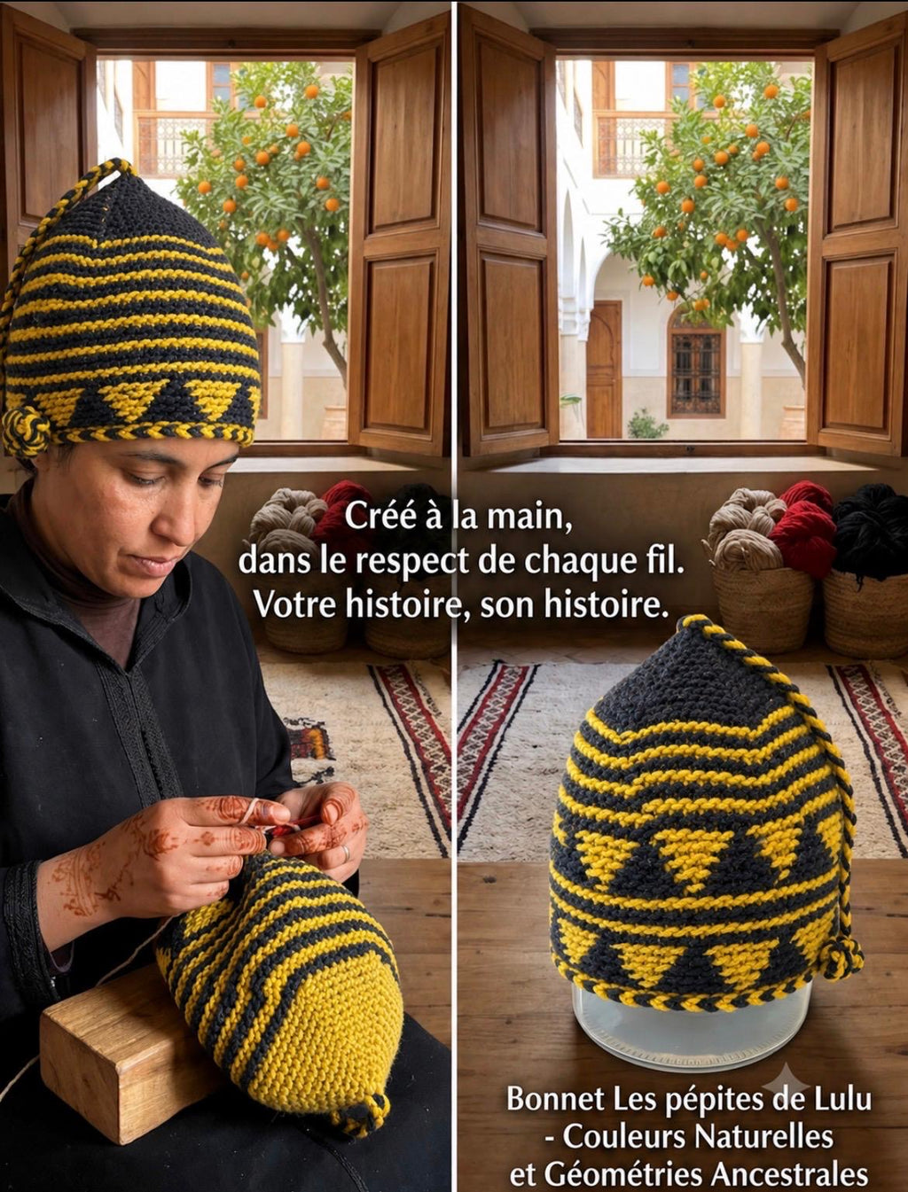 Bonnet tricoté artisanal en laine jaune et noir — fait main au Maroc