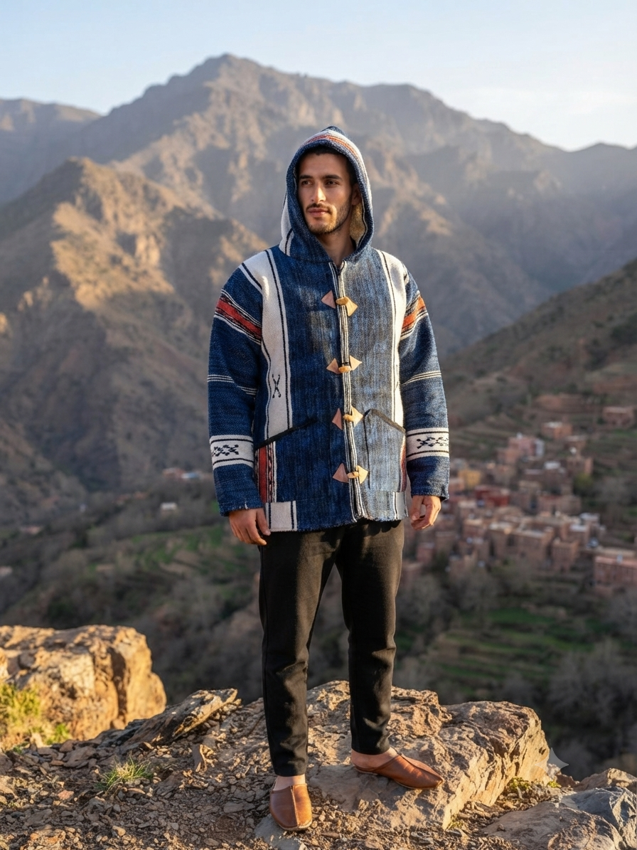 Veste berbère à capuche en laine tissée indigo et blanc — pièce unique artisanat marocain
