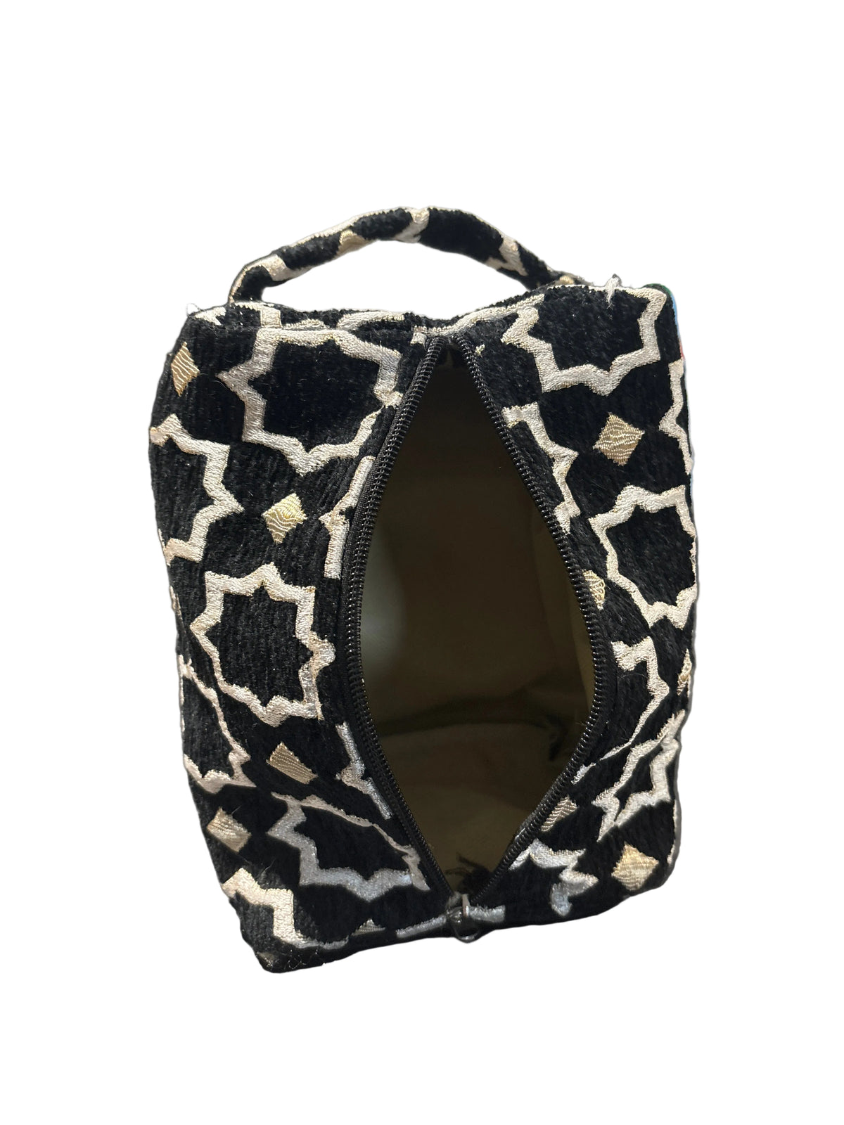 Trousse de toilette en velours noir et doré, motifs zellige — artisanat marocain fait main