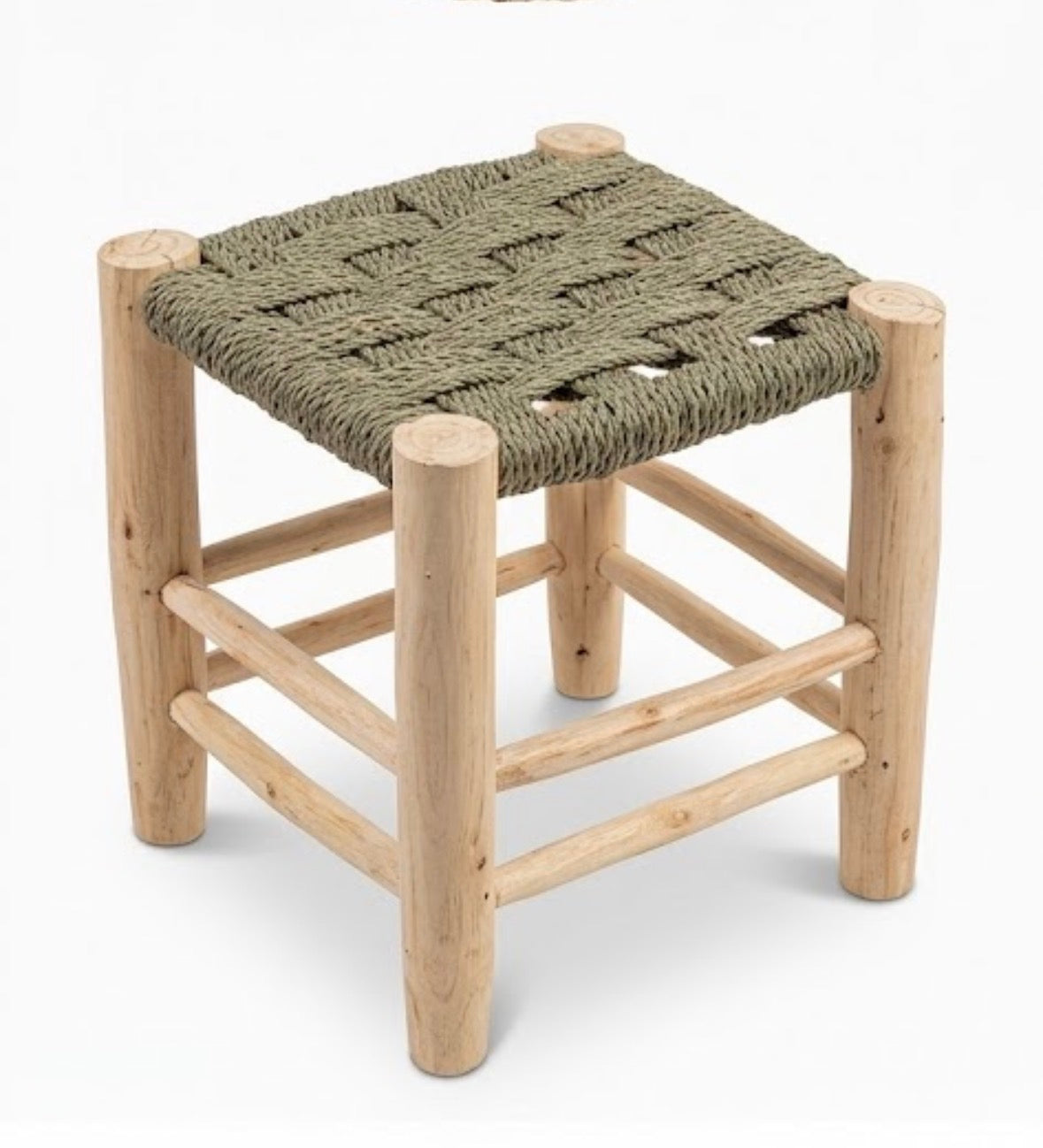 Tabouret en bois d'eucalyptus et doum tressé damier — mobilier artisanal marocain, pièce unique