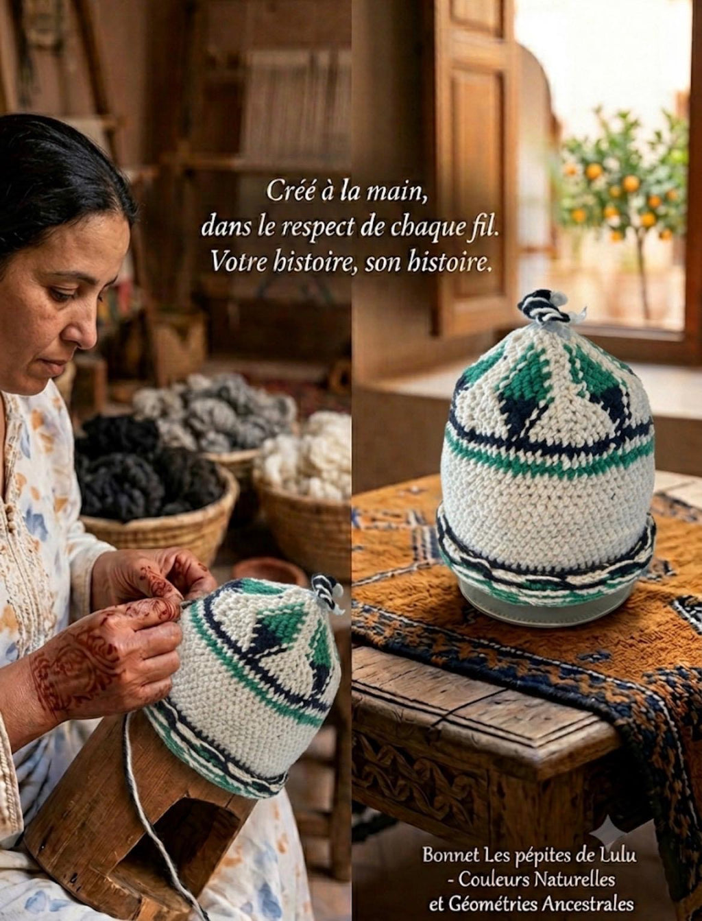 Bonnet tricoté artisanal en laine vert et blanc — fait main au Maroc