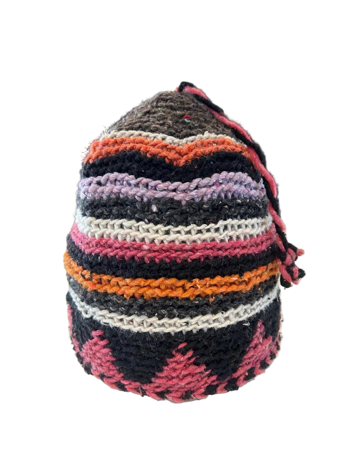 Bonnet tricoté artisanal en laine multicolore — fait main au Maroc