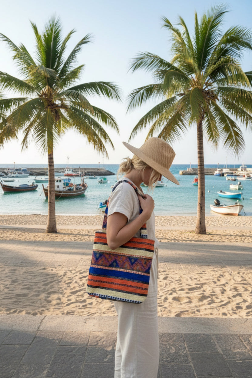 Sac shopping en velours et doublure coton taille L — artisanat marocain fait main