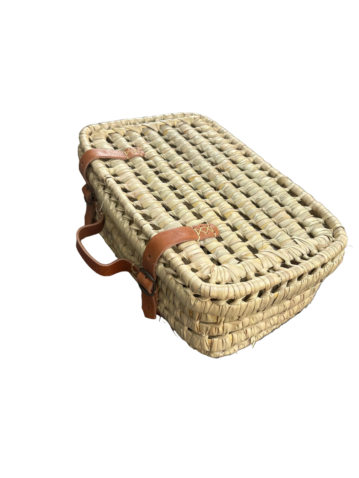 Valisette artisanale en fibre naturelle et cuir — fait main au Maroc