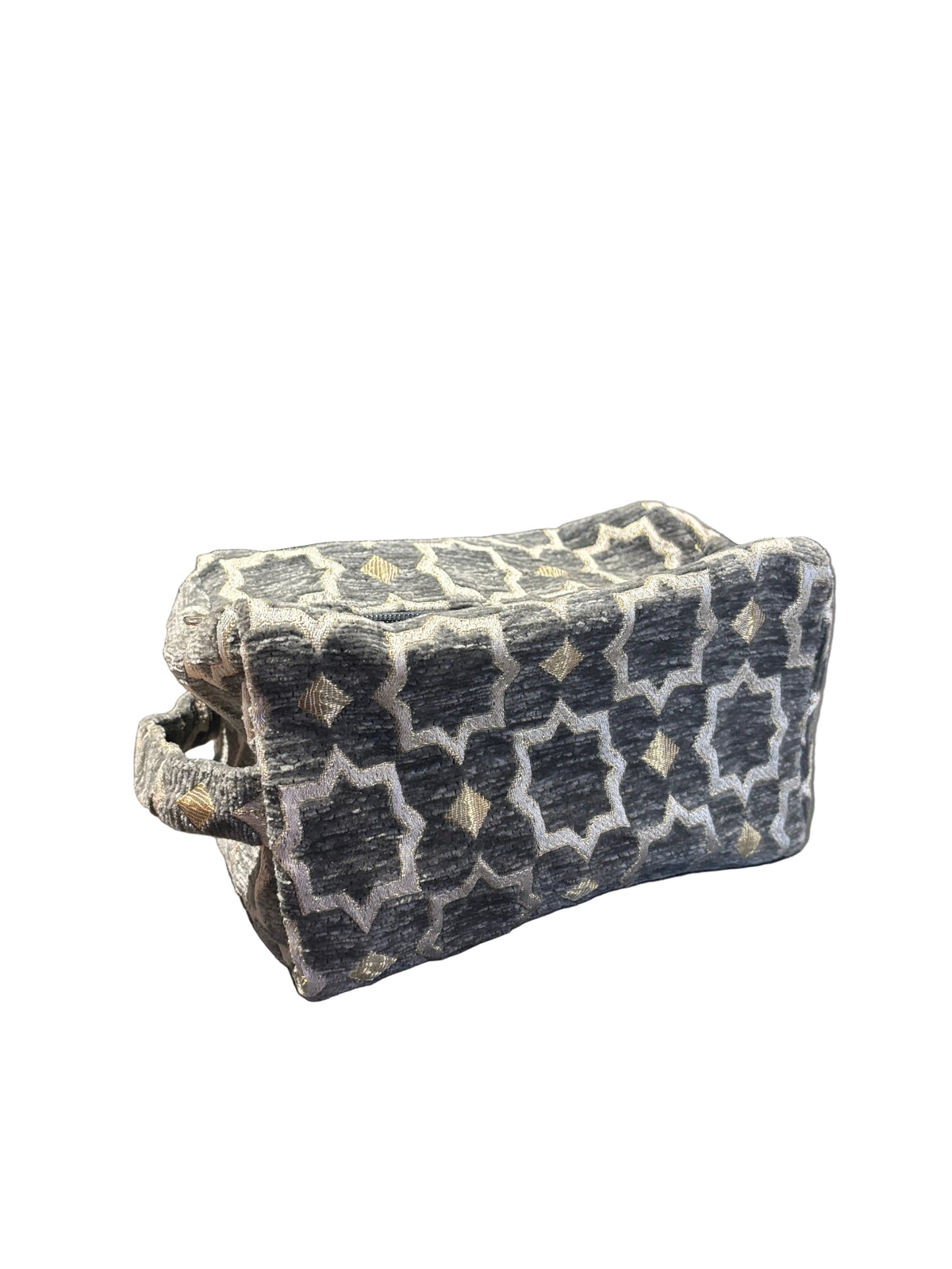 Trousse de toilette en velours gris et or motifs zellige — artisanat marocain fait main
