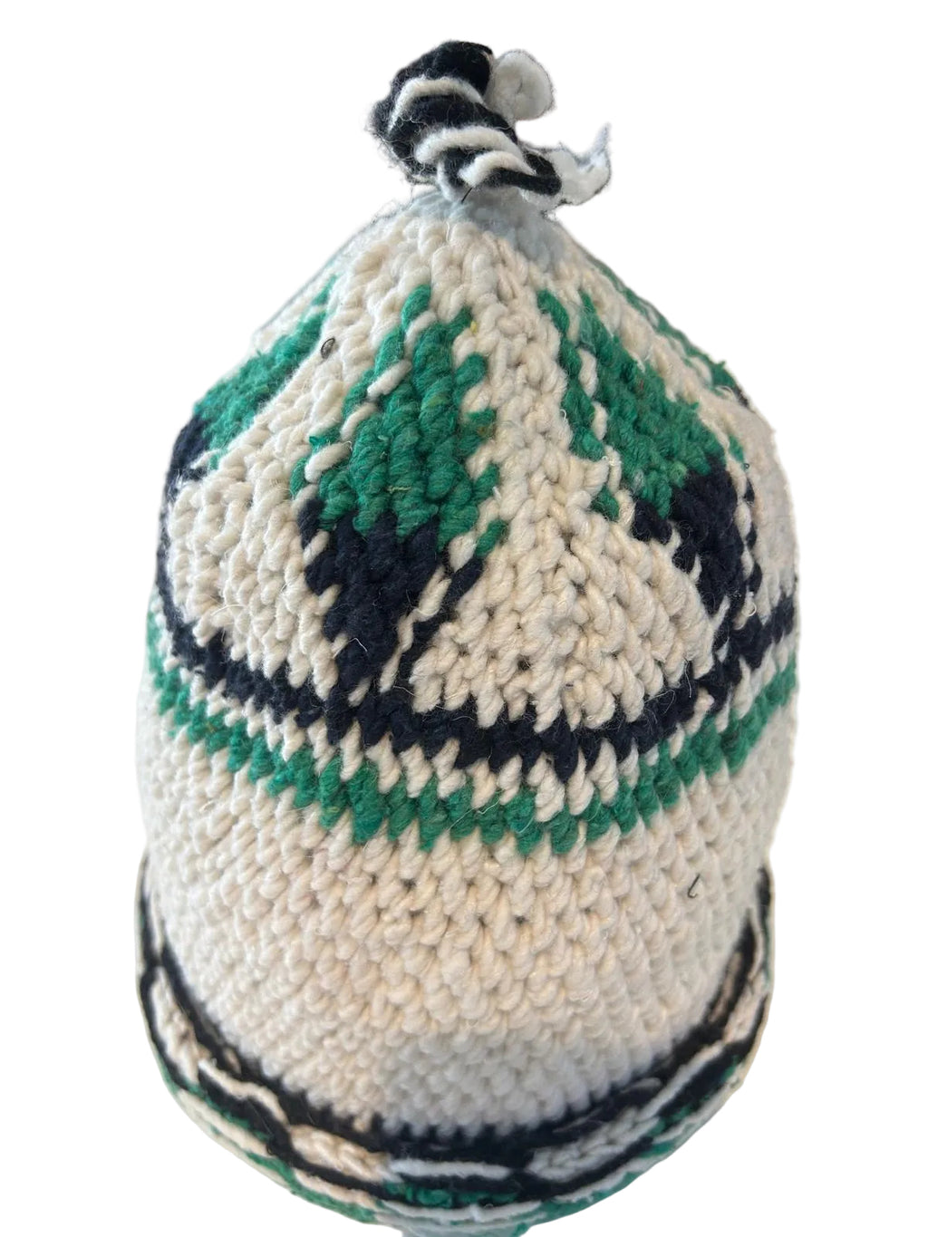 Bonnet tricoté artisanal en laine vert et blanc — fait main au Maroc
