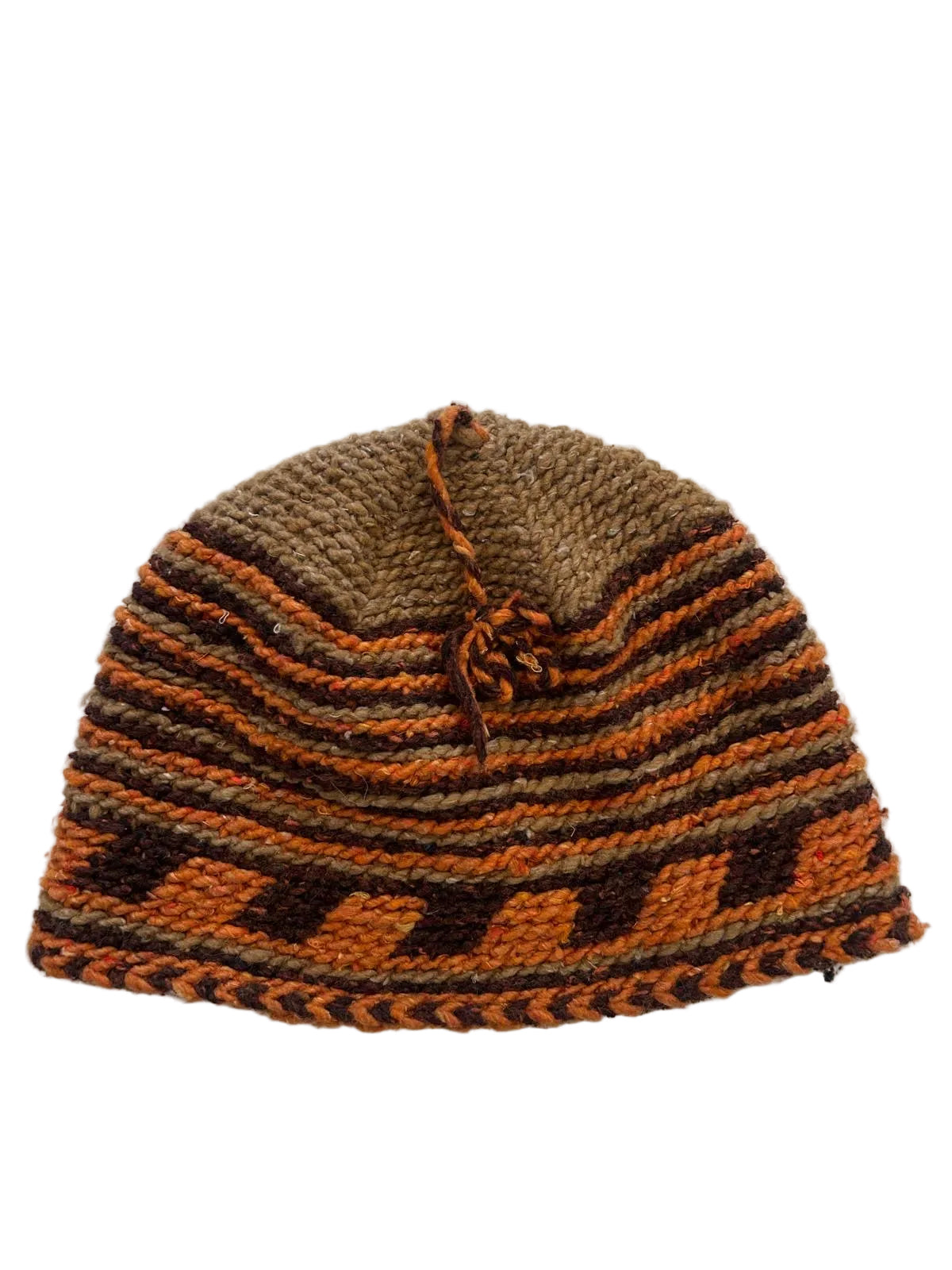 Bonnet tricoté artisanal en laine orange et marron — fait main au Maroc