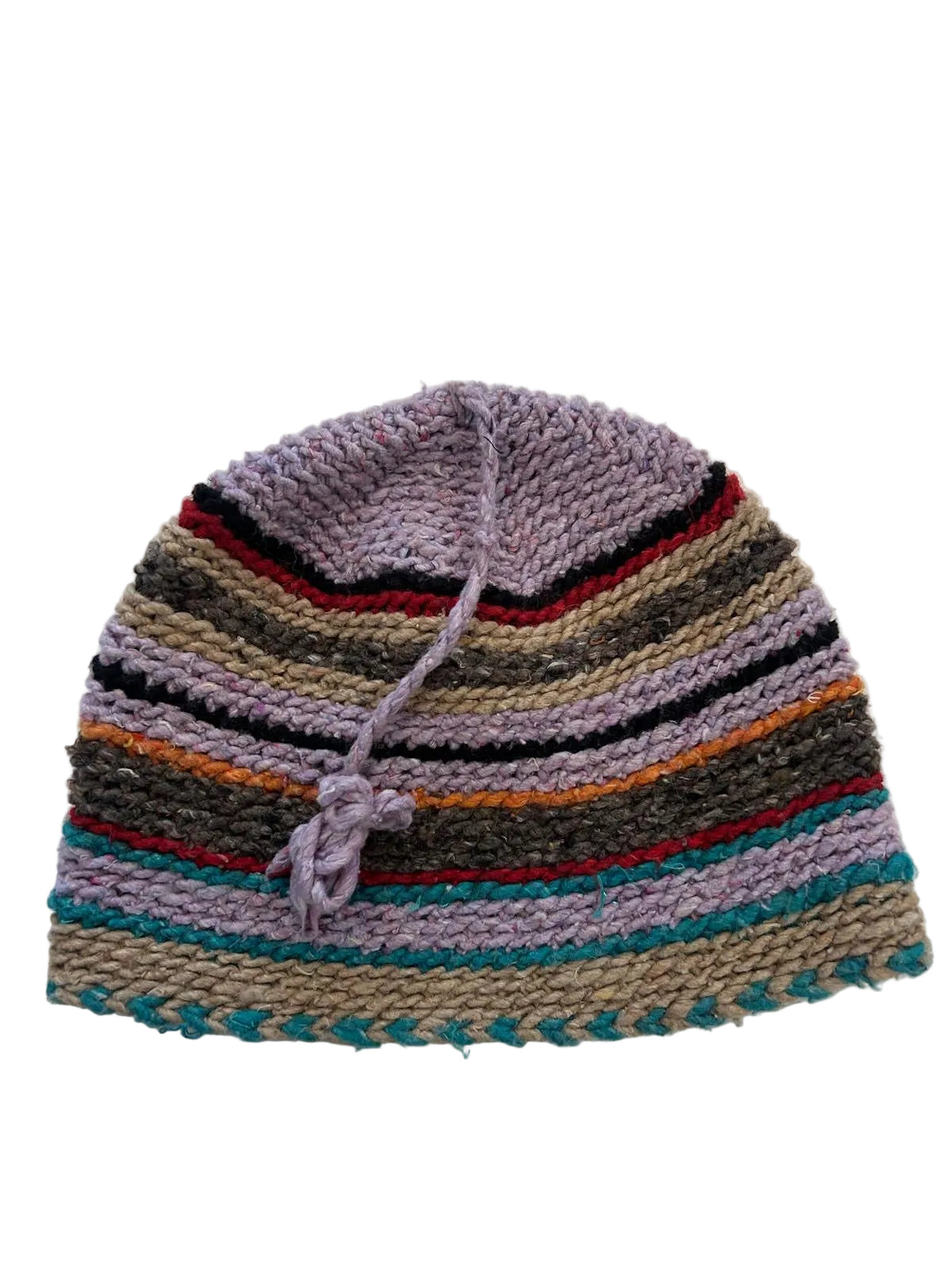 Bonnet tricoté artisanal en laine rayures naturelles et géométriques — fait main au Maroc