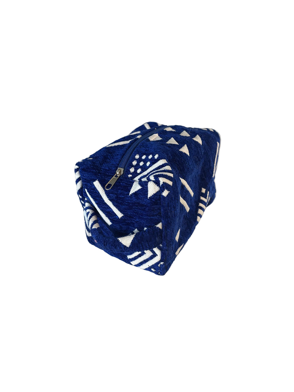 Trousse de toilette en velours bleu et blanc, motifs zellige — artisanat marocain fait main