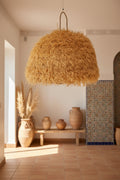 Suspension en raphia et fibres naturelles 45 cm — luminaire artisanal marocain, fait main au Maroc
