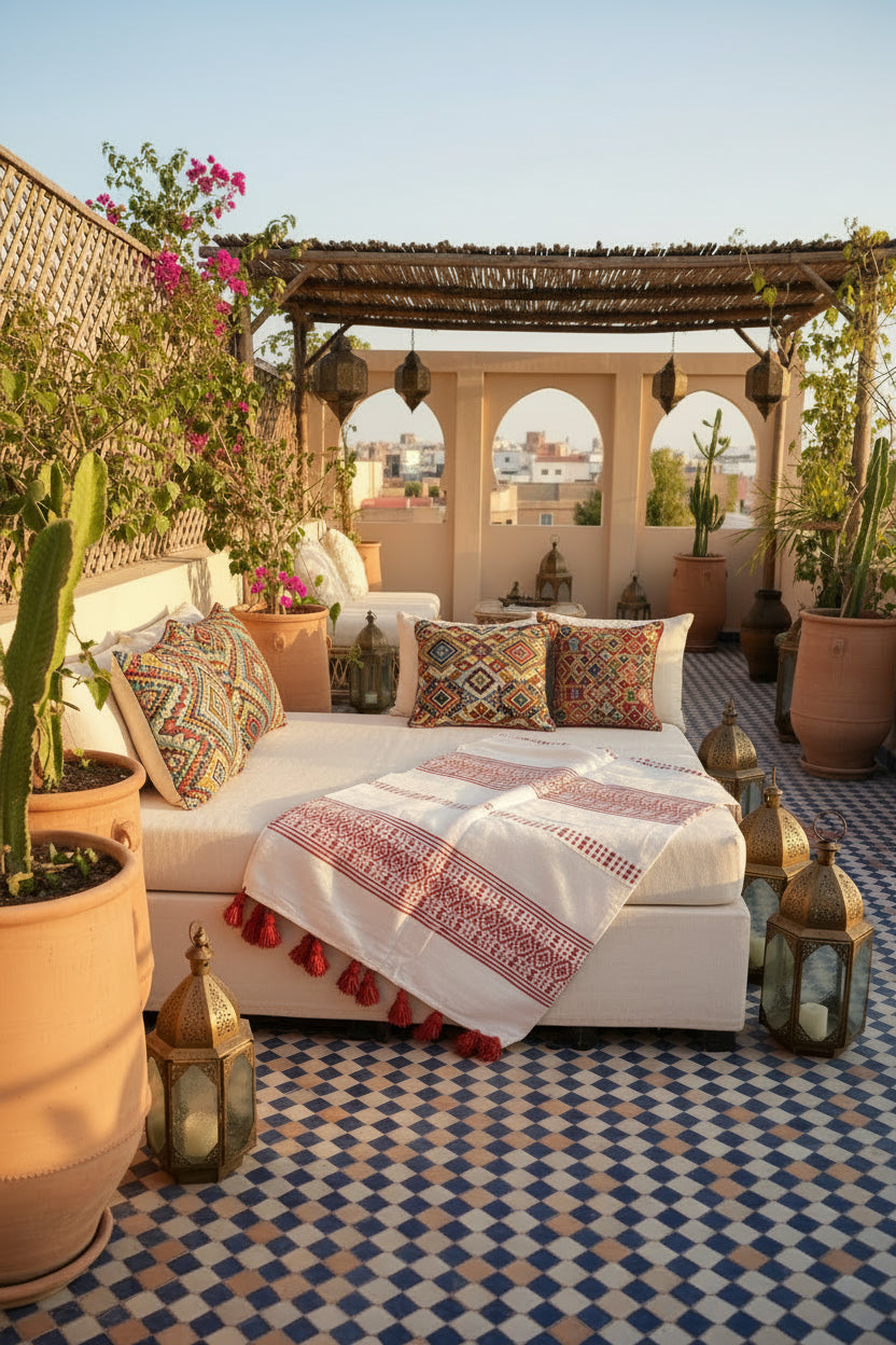 Plaid berbère blanc et rouge — 2,80 x 1,80 m tissé main Maroc