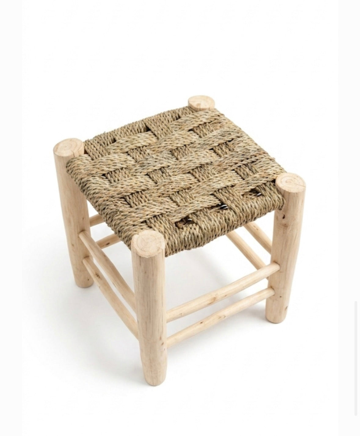 Tabouret en bois d'eucalyptus et doum tressé damier — mobilier artisanal marocain, pièce unique