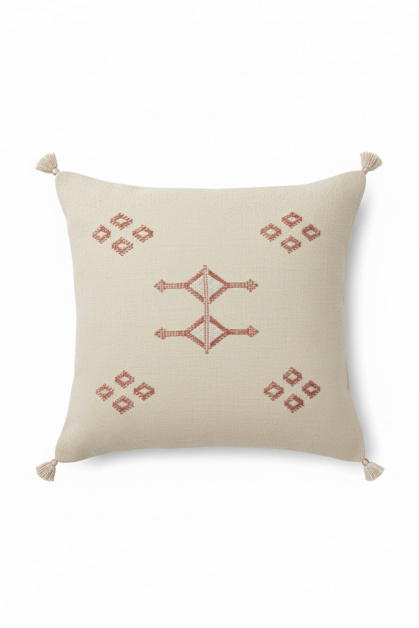 Housse de coussin Sabra ivoire et rouge — soie de cactus artisanat marocain fait main